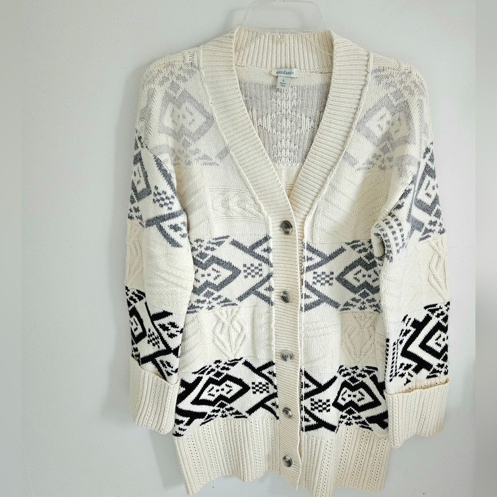 Sundance Aztec Print White Gray Cardigan Sweater